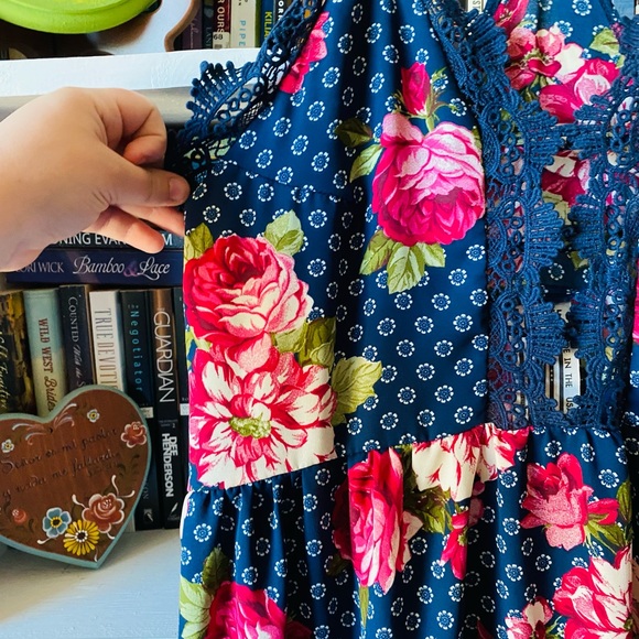 Free People | NEW Strappy Blue Floral Rose Lace Trim Midi Dress - Picture 3 of 13